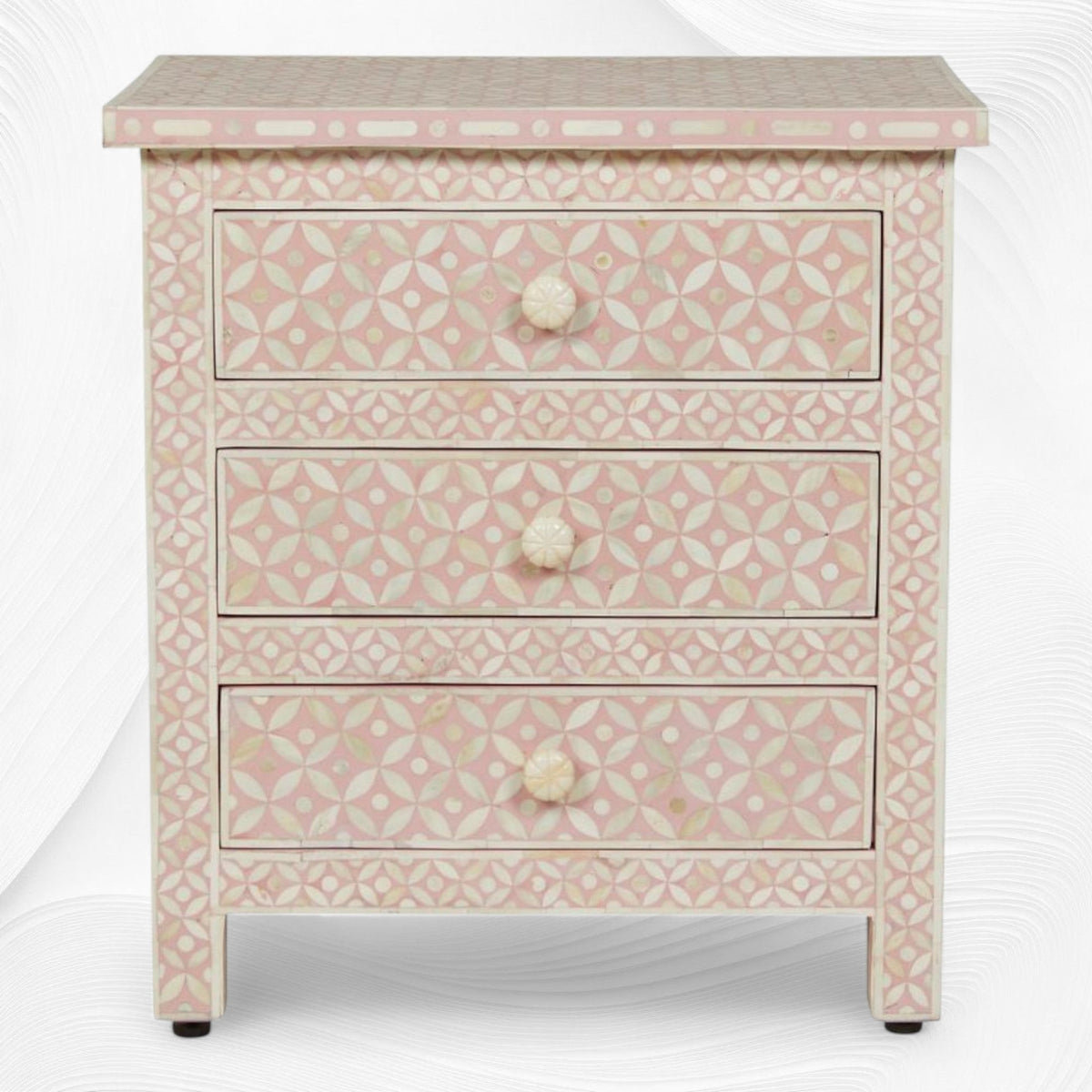 Pink Bone Inlay 3 Drawer Bedside Geometric