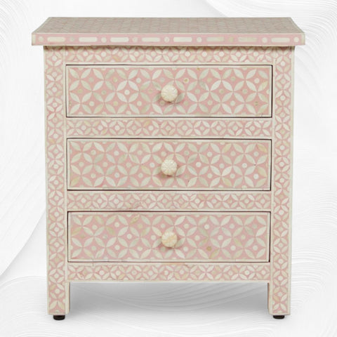 Pink Bone Inlay 3 Drawer Bedside Geometric