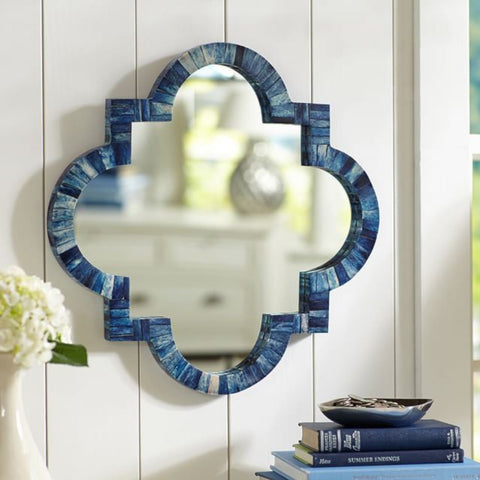 Quatrefoil Colored Bone Inlay Mirror Dark Blue