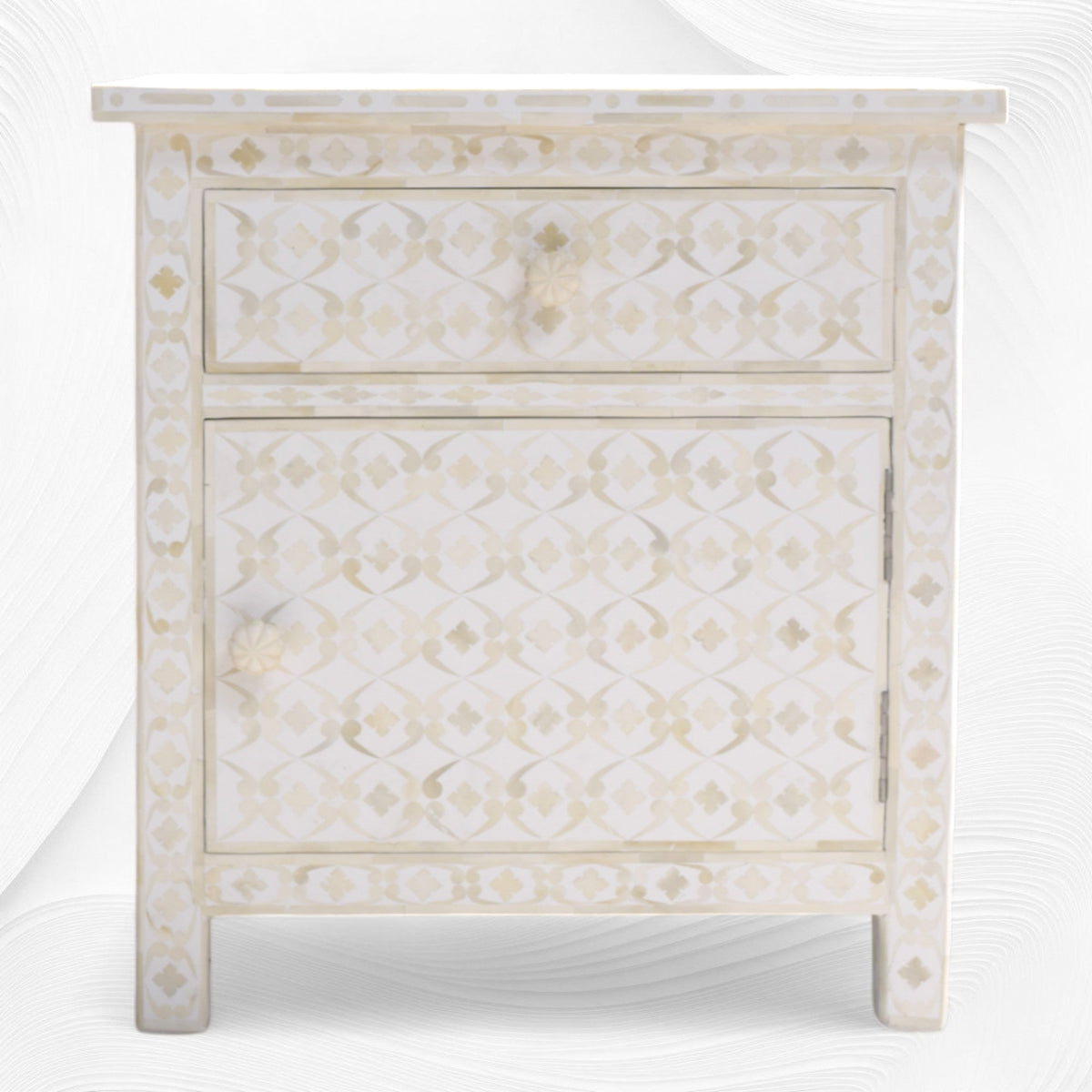 Quote Bone Inlay Bedside 1 Drawer 1 Door White