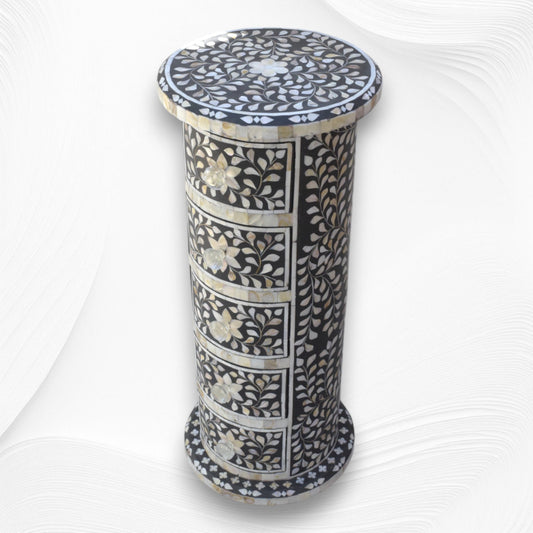 Round Side Table Mother of Pearl Inlay Black Floral