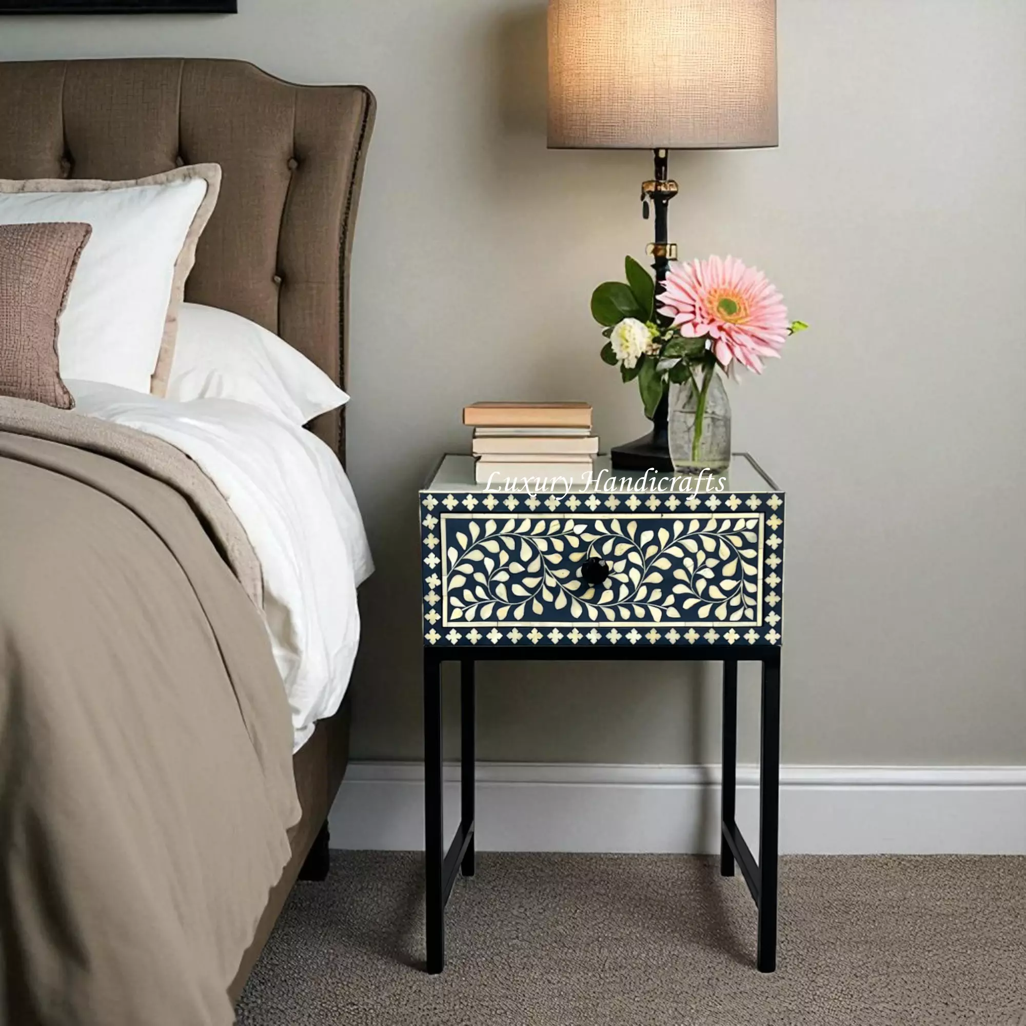 Blue Inlay Night Stand Scroll Vine Bone Inlay Nightstand Blue Black – Luxury Handicrafts