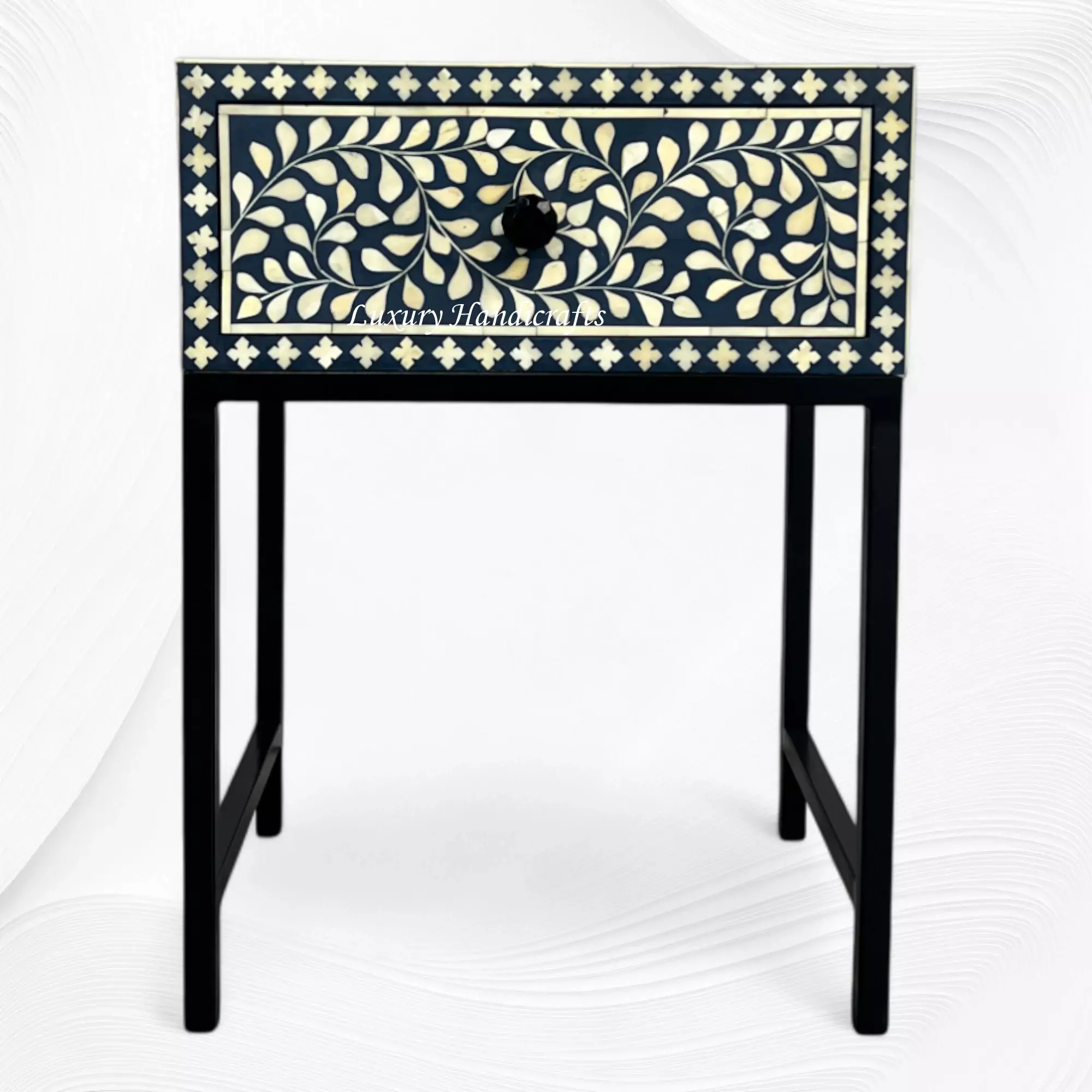 Blue Inlay Night Stand Scroll Vine Bone Inlay Nightstand Blue Black – Luxury Handicrafts