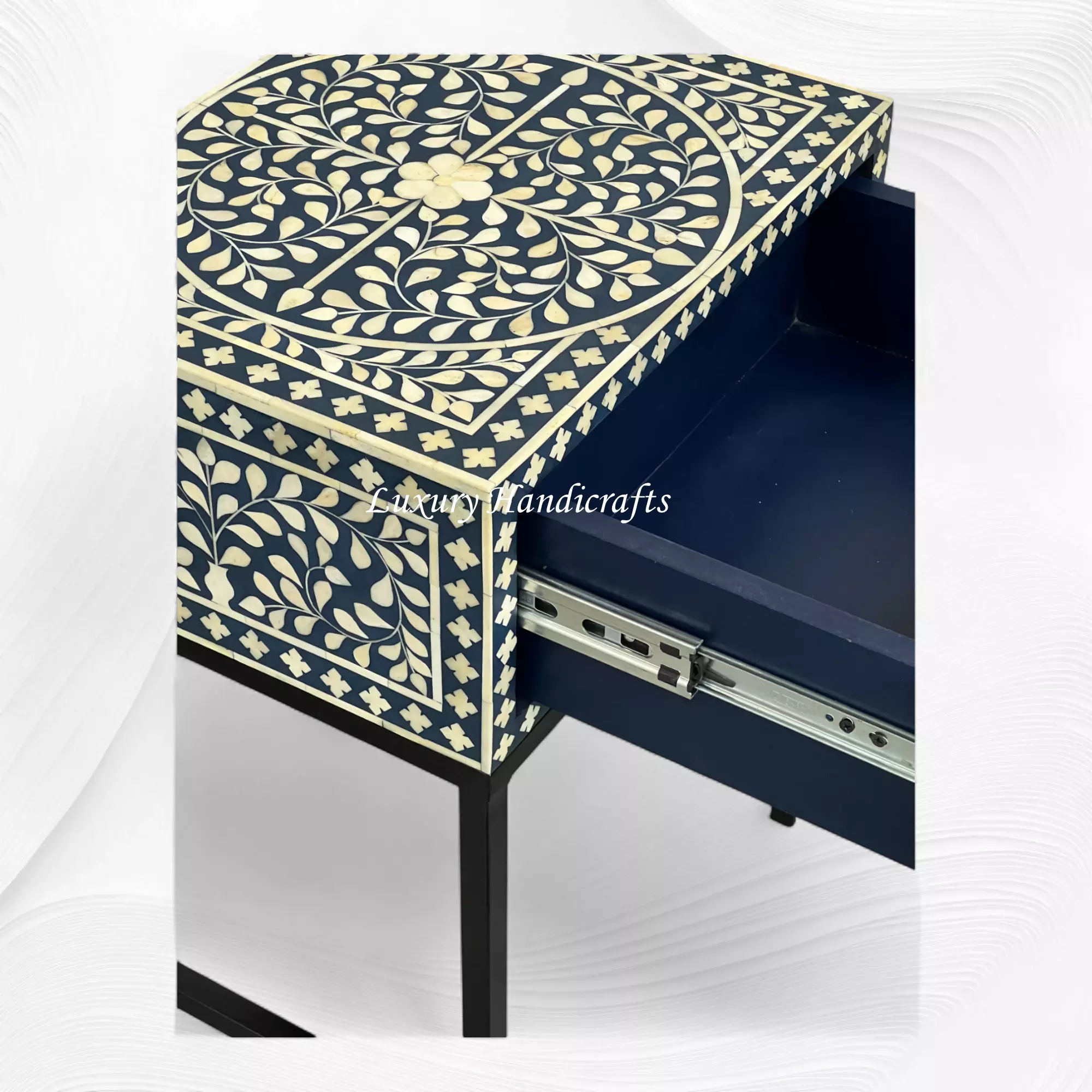 Blue Inlay Night Stand Scroll Vine Bone Inlay Nightstand Blue Black – Luxury Handicrafts
