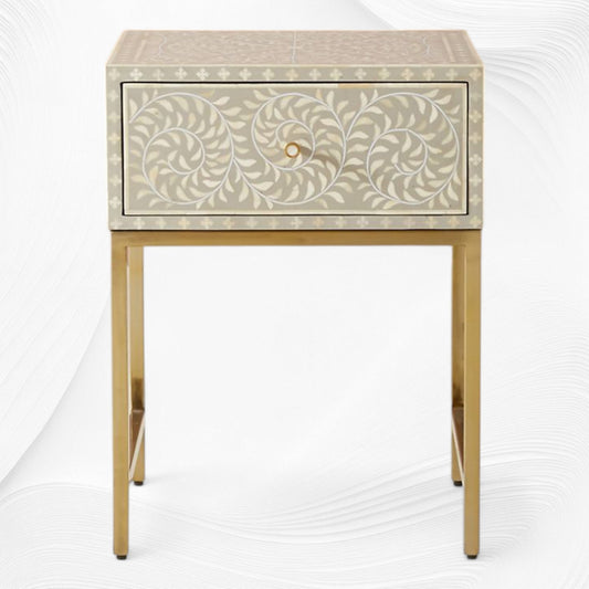 Scroll Vine Bone Inlay Nightstand Grey