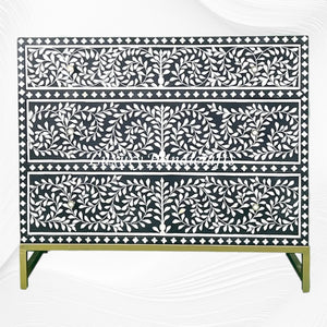 Scroll Vine Bone Inlay Chest of 3 Drawers Black