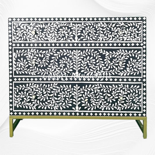Scroll Vine Bone Inlay Chest of 3 Drawers Black