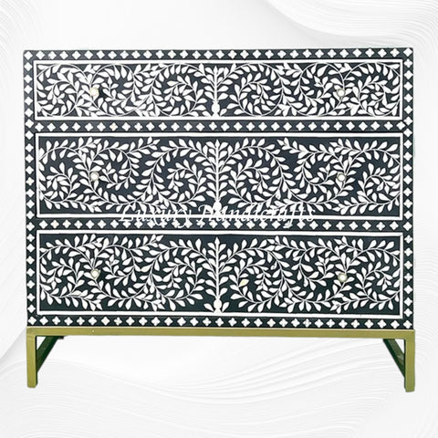 Scroll Vine Bone Inlay Chest of 3 Drawers Black