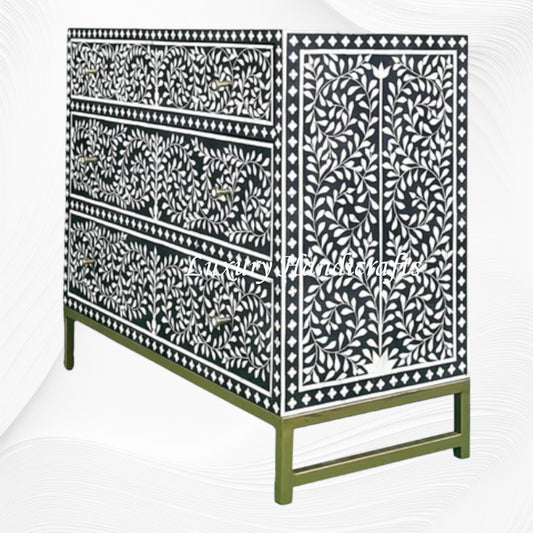 Scroll Vine Bone Inlay Chest of 3 Drawers Black