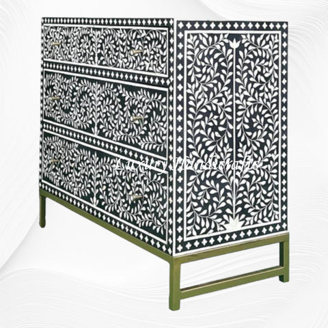 Scroll Vine Bone Inlay Chest of 3 Drawers Black