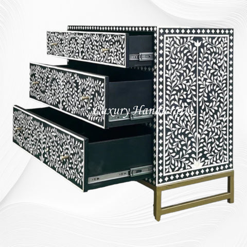 Scroll Vine Bone Inlay Chest of 3 Drawers Black