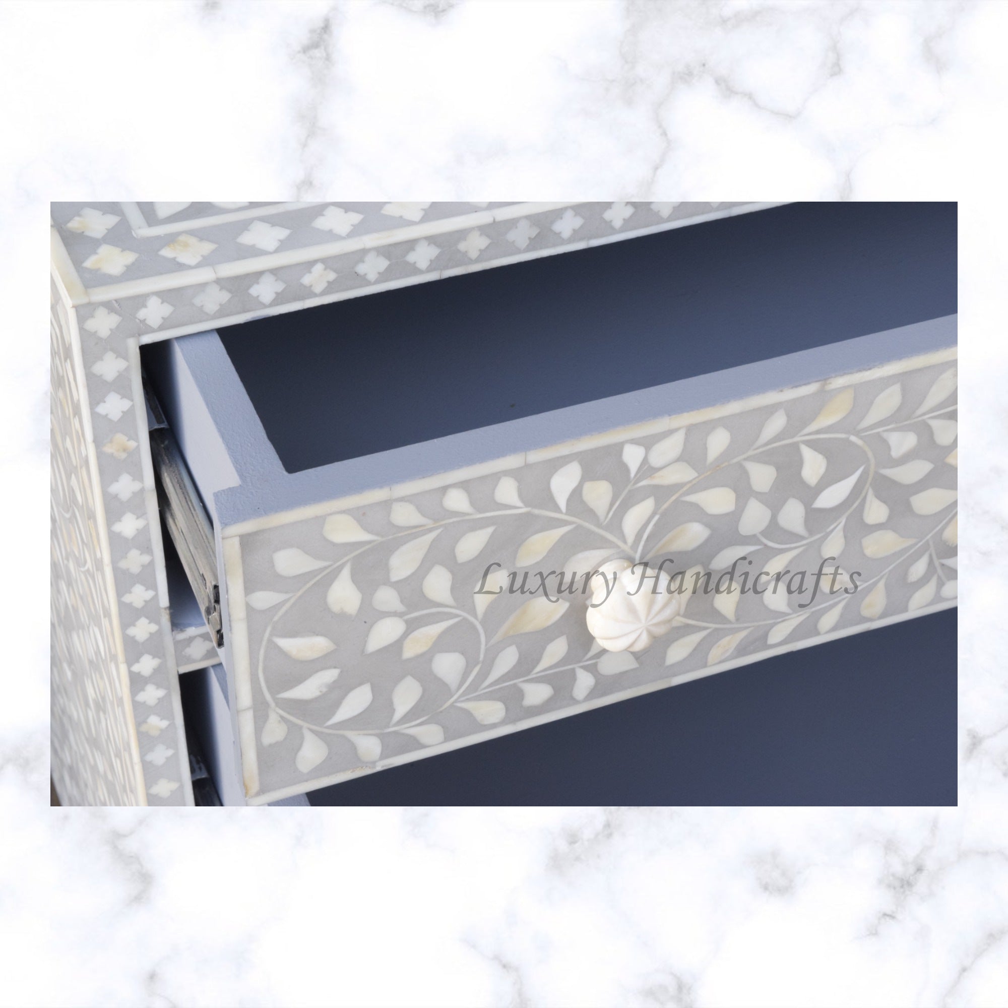 Scroll Vine Bone Inlay Chest of 3 Drawers Grey