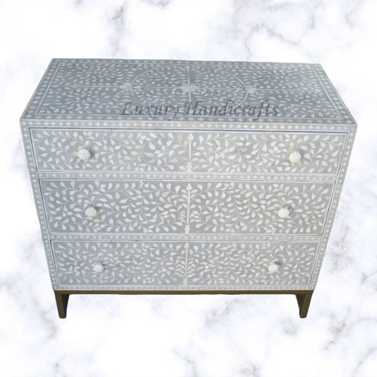 Scroll Vine Bone Inlay Chest of 3 Drawers Grey