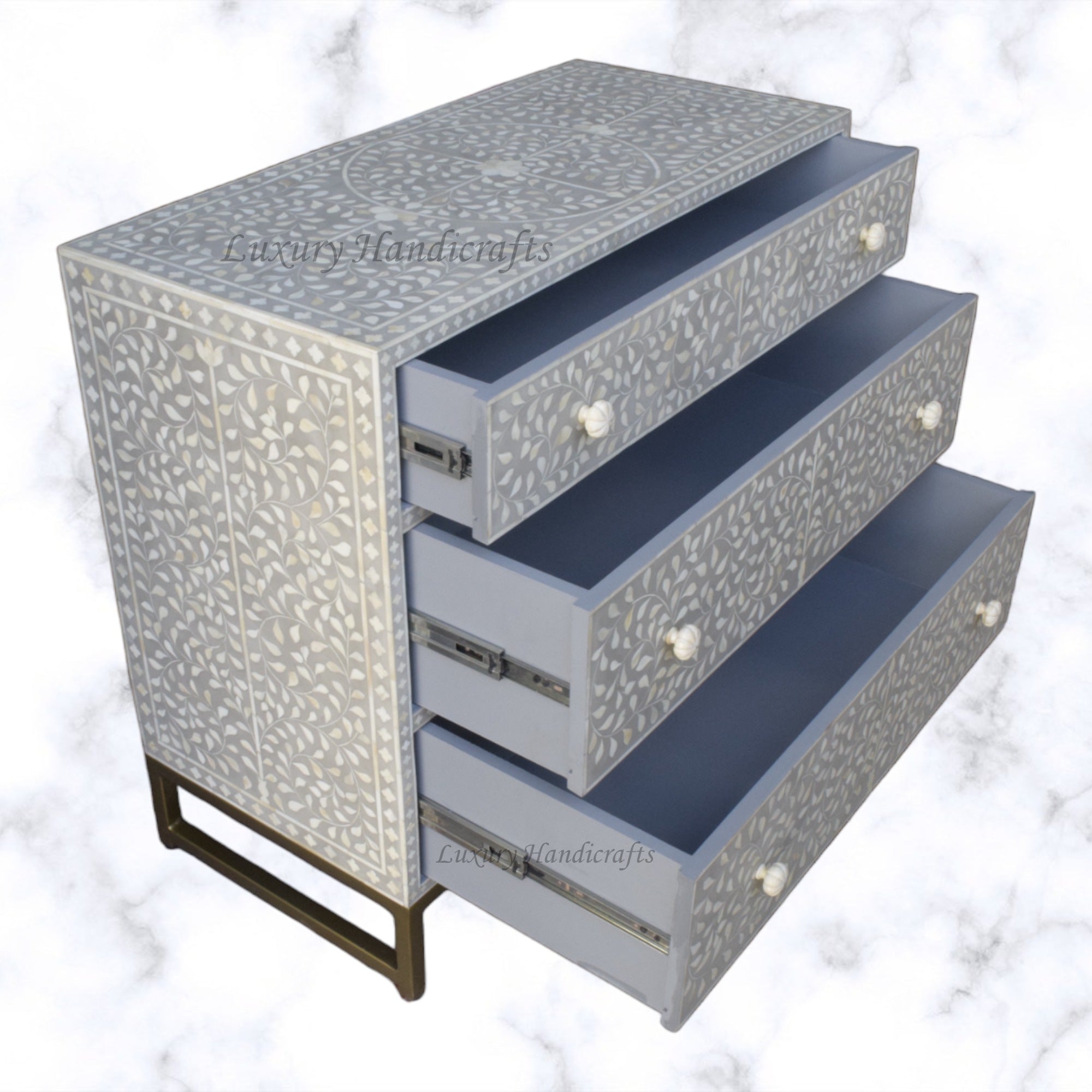 Scroll Vine Bone Inlay Chest of 3 Drawers Grey