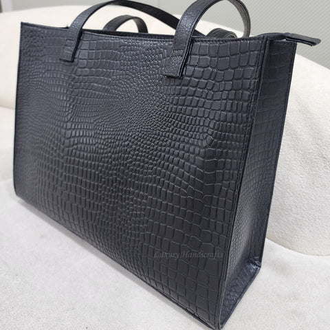 Sofia Genuine Leather Tote Bag Black Croc Embossed Design