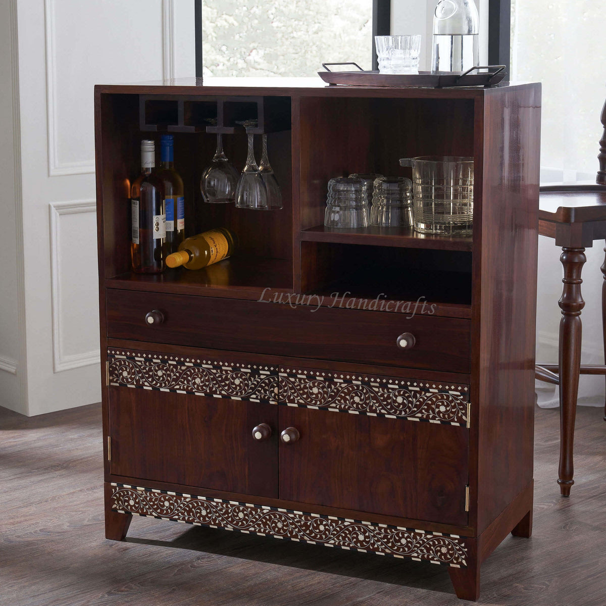 Teakwood Bone Inlay Bar Cabinet Walnut