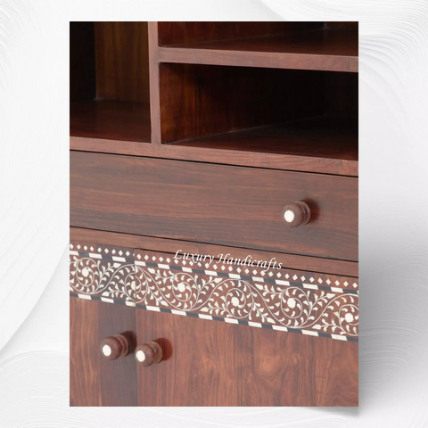 Teakwood Bone Inlay Bar Cabinet Walnut