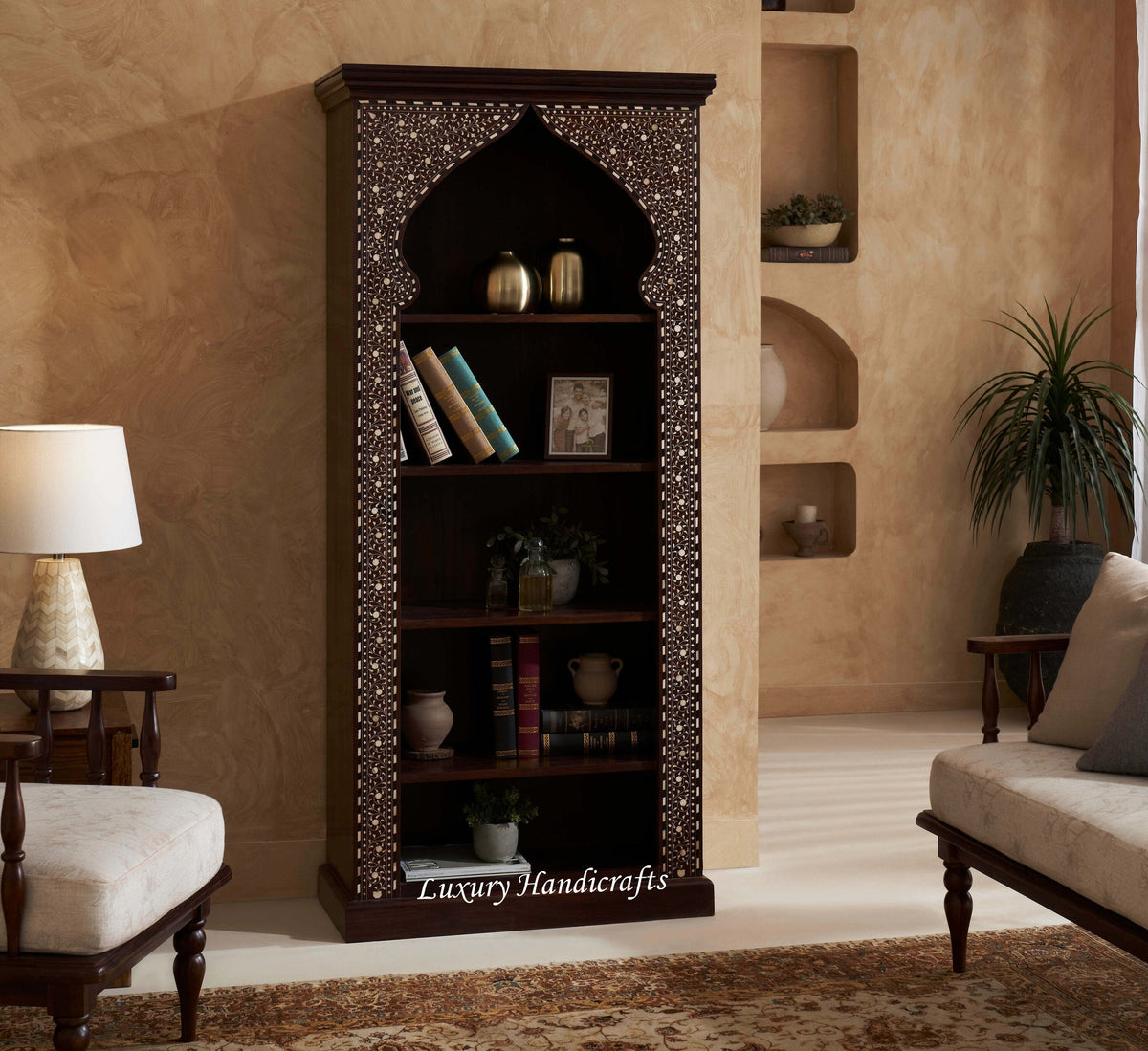 Teakwood Bone Inlay Bookshelf Walnut