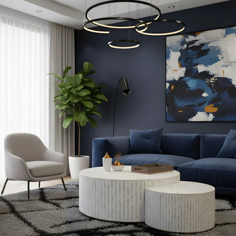 Modern living room with white coffee table, 