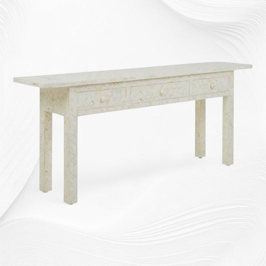 White Geometric Bone Inlay 3 Drawer Console Long Edges