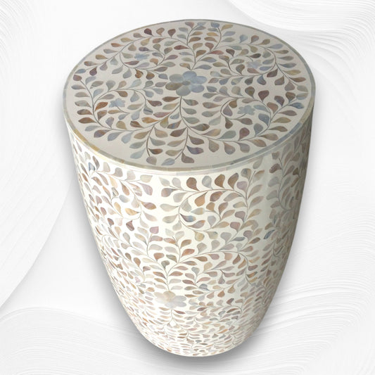 White Mother of Pearl Inlay Drum Floral Side Table