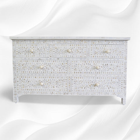 White Mother Of Pearl Inlay Chest Of 7 Drawers Large