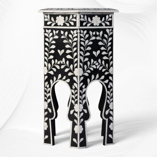Yuki Floral Hexagon Bone Inlay Side Table Black