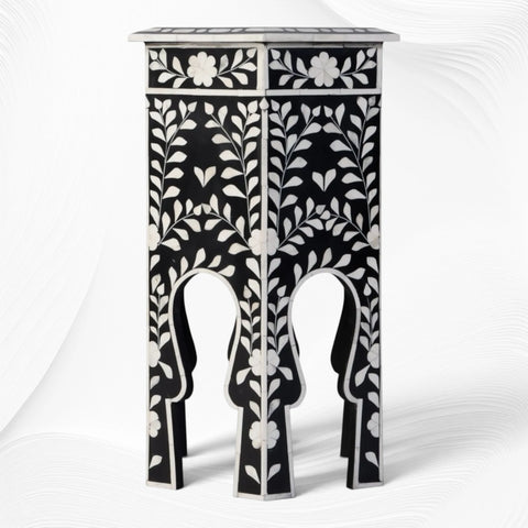 Yuki Floral Hexagon Bone Inlay Side Table Black