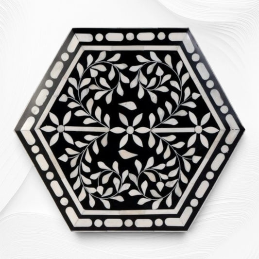 Yuki Floral Hexagon Bone Inlay Side Table Black