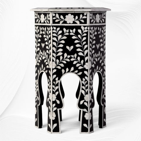 Yuki Floral Hexagon Bone Inlay Side Table Black