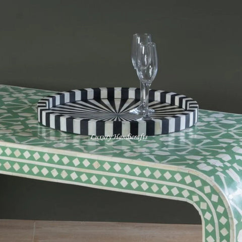 Zelda Stripe Bone Inlay Tray Round Black