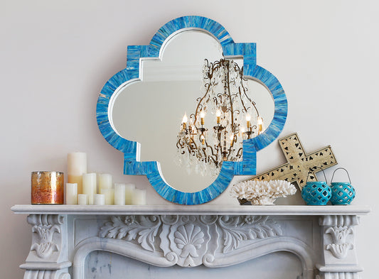 Quatrefoil Colored Bone Inlay Mirror Ocean Blue