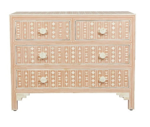 Bone Inlay Chest of 4 Drawers Tribal Design in Pink