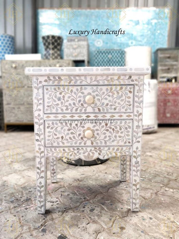 Mehrab Mother Of Pearl Inlay Floral 2 Drawer Bedside White