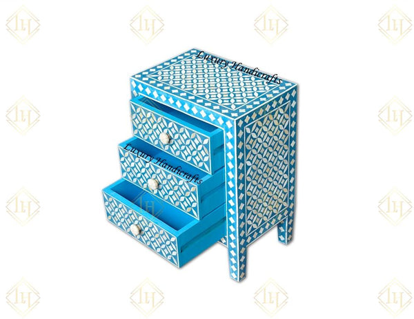 Bedside In Bone Inlay 3 Drawer Geometric Blue