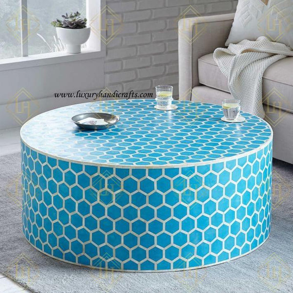 Bone Inlaid Round Coffee Table Honeycomb Turquoise