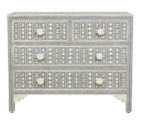 Bone Inlay Chest of 4 Drawers Tribal Design in Grey