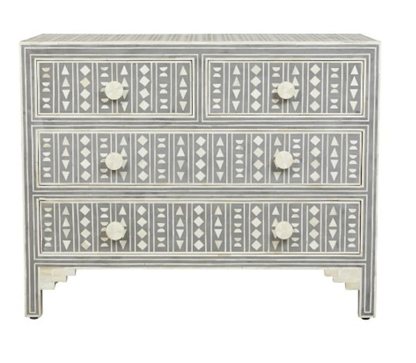 Bone Inlay Chest of 4 Drawers Tribal Design in Grey