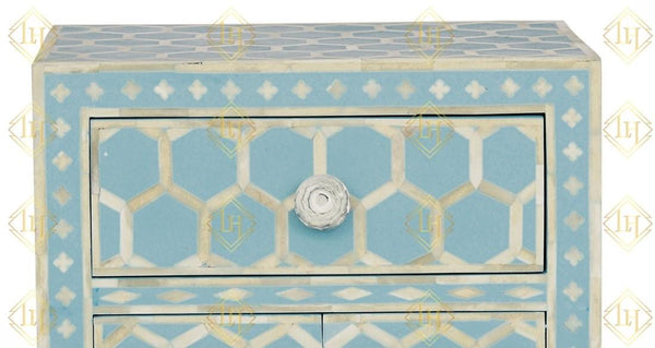 Bone Inlay 1 Drawer 2 Door Bedside Honeycomb Design Sky Blue