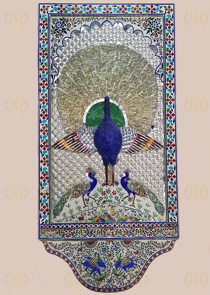 Glass Inlay Large Thikri Work Panel Of Peacock Design