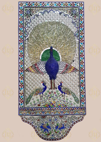 Glass Inlay Large Thikri Work Panel Of Peacock Design