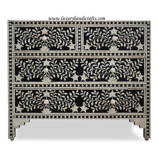 Black Floral Embossed Bone Chest Of 4 Drawers