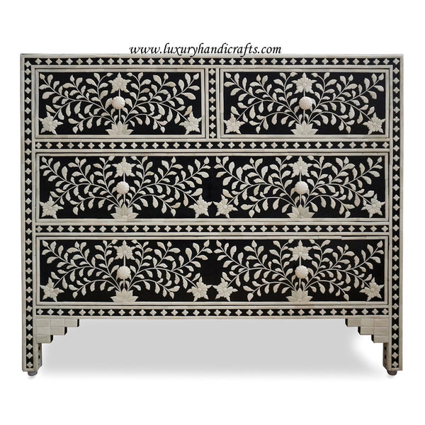 Black Floral Embossed Bone Chest Of 4 Drawers