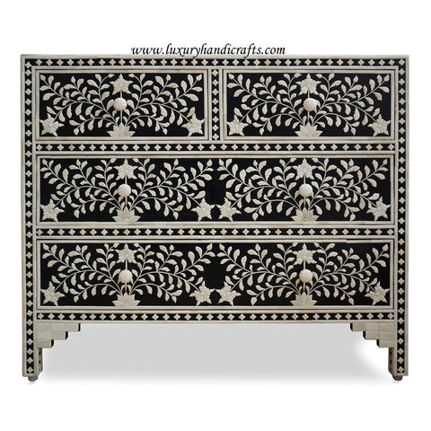 Black Floral Embossed Bone Chest Of 4 Drawers