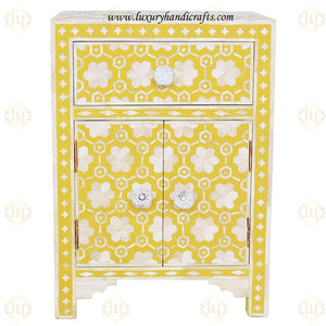 Flower Bone Inlaid 1 Drawer 2 Door Bedside Table Yellow