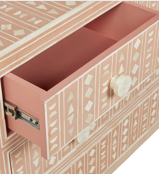 Bone Inlay Chest of 4 Drawers Tribal Design in Pink