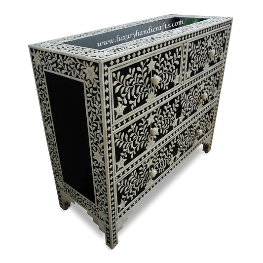 Black Floral Embossed Bone Chest Of 4 Drawers