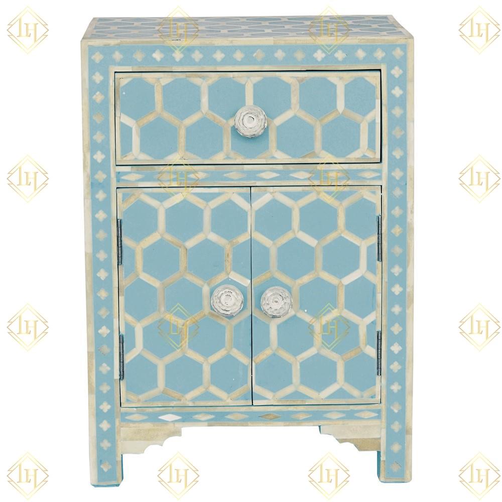 Bone Inlay 1 Drawer 2 Door Bedside Honeycomb Design Sky Blue