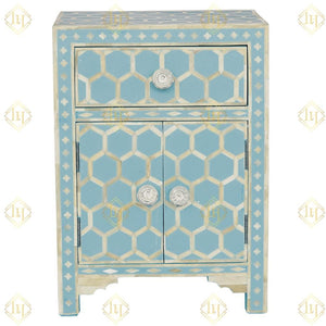 Bone Inlay 1 Drawer 2 Door Bedside Honeycomb Design Sky Blue