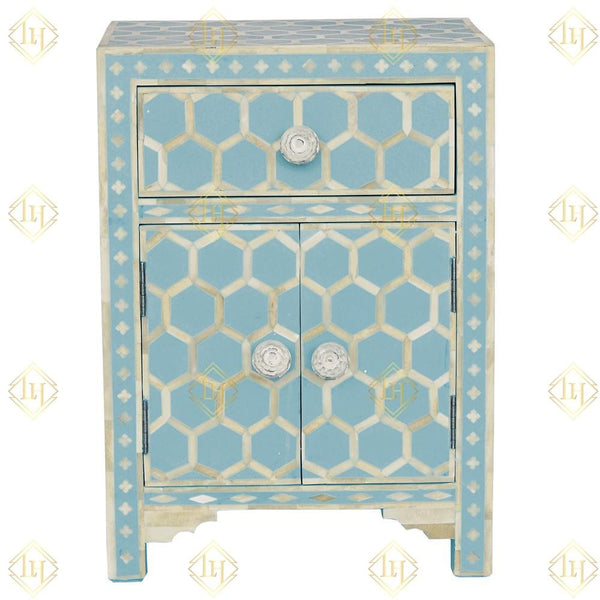 Bone Inlay 1 Drawer 2 Door Bedside Honeycomb Design Sky Blue